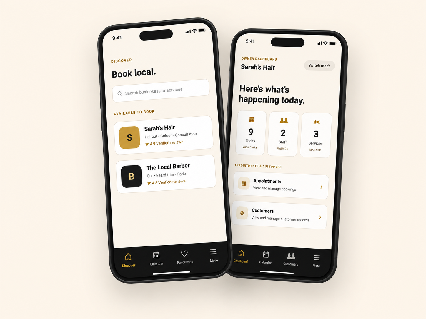 GoBookLocal client Discover screen and owner dashboard